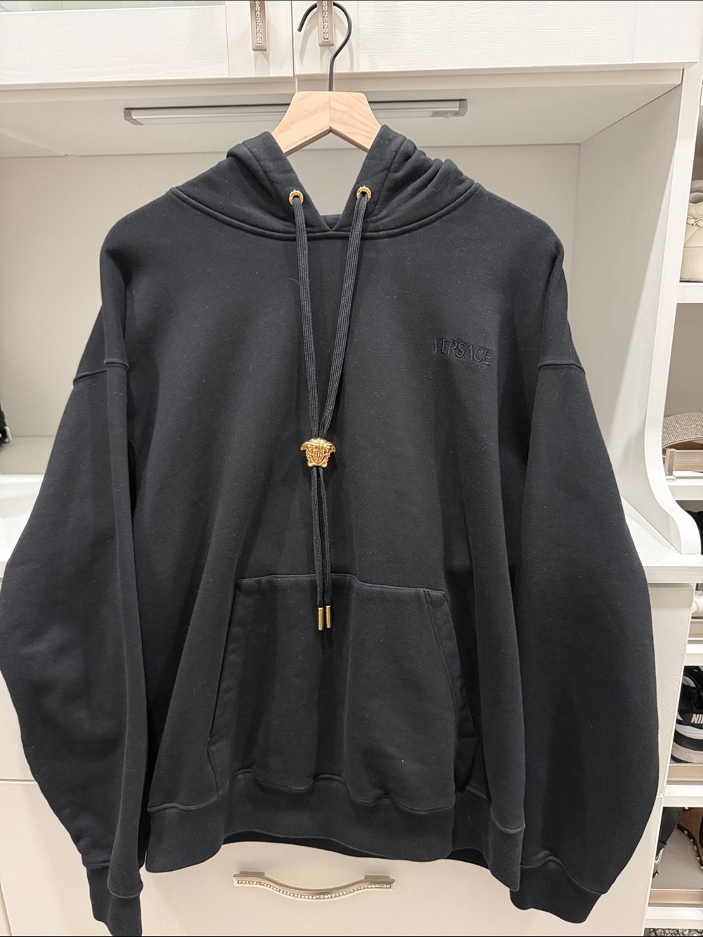 Versace Black embroidered cotton Crewneck Hoodie with Gold Medusa Drawcord